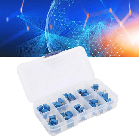 Multiturn Trimmer Potentiometer Kit 50 Piece Assortment With 10 Resistance Values From 100 Ohm To 1 Megaohm In Plastic Storage Case