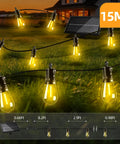 50ft Solar String Lights Outdoor With Remote Control S14 Bulbs Dimmable hanging in garden with solar panel