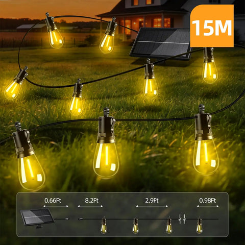 50ft Solar String Lights Outdoor With Remote Control S14 Bulbs Dimmable hanging in garden with solar panel