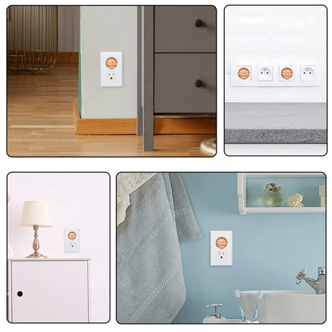 Slick Pine Wood Texture Child Proof Outlet Covers For Wall Sockets installed in a home setting near furniture and decor.