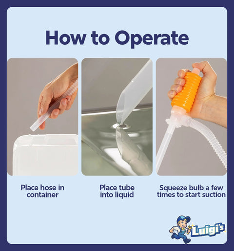 Luigi's siphon pump with orange squeeze bulb and clear tubing; three-step liquid transfer diagram with brand logo.