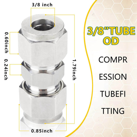 304 Stainless Steel Compression Tube Fitting Union For Three Eighths Inch Outside Diameter Tubing with dimensions and specifications