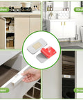 Ultra Thin No Drill Magnetic Cabinet Door Catch Set installed on kitchen and bathroom cabinets, and drawers.