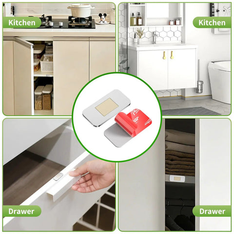 Ultra Thin No Drill Magnetic Cabinet Door Catch Set installed on kitchen and bathroom cabinets, and drawers.