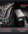 Side view of Badass 10000W Electric Dirt Bike For Adults With 72V 35Ah Battery featuring removable battery and fast charger.