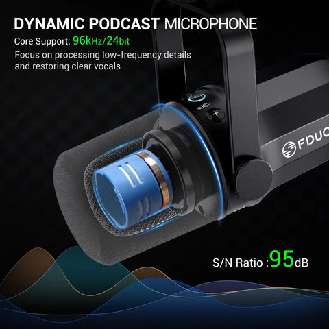 Close-up of Dynamic USB XLR Podcast Microphone With Boom Arm For Vocal Recording Voice Over And Streaming Studio Metal Mic