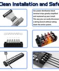 Heavy Duty Dual Row Bus Bar Terminal Block Kit With Pre Insulated Covers For Straight Up Clean Ground Circuit Wiring 600V 15A Power Distribution Strip 6 Set Pack showing various installation angles and features.