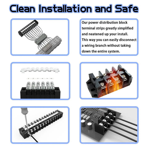 Heavy Duty Dual Row Bus Bar Terminal Block Kit With Pre Insulated Covers For Straight Up Clean Ground Circuit Wiring 600V 15A Power Distribution Strip 6 Set Pack showing various installation angles and features.