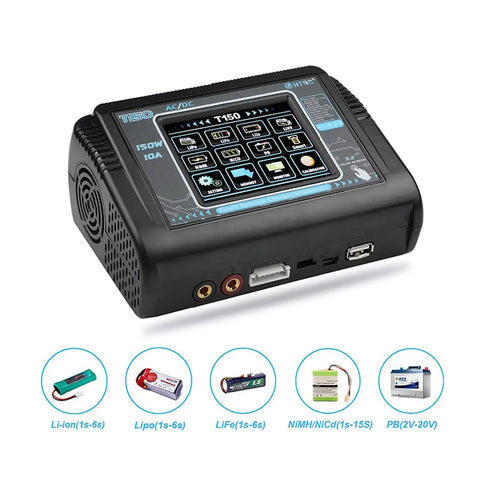 Touch Screen Dual RC Battery Charger And Discharger 150W 10A with display and icons for various battery types