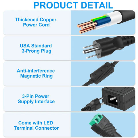 Product details showing thickened copper power cord, USA standard 3-prong plug, magnetic ring, 3-pin interface, LED connector
