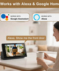 Woman using tablet with 2K FHD Wireless Doorbell Camera With 180 Degree Head To Toe View No Sub Fees Battery Powered Two Way Talk Motion Alerts Smart Home Chime Works With Alexa And Google 2.4G WiFi display