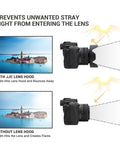 Diagram showing comparison with and without 58mm Tulip Flower Lens Hood For Canon DSLRs, reducing lens flare in landscape photo.