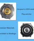 Chrysler Radiator Cap Replacement For 1993 To 2007 Jeep Wrangler Dodge Journey Compass Patriot Sebring Caliber Fits 52028810AL 55116901AA Durable Coolant Seal Easy Install Prevents Overheating High Quality Auto Part featuring top and bottom views on blue background.