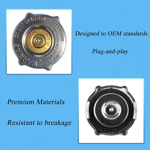 Chrysler Radiator Cap Replacement For 1993 To 2007 Jeep Wrangler Dodge Journey Compass Patriot Sebring Caliber Fits 52028810AL 55116901AA Durable Coolant Seal Easy Install Prevents Overheating High Quality Auto Part featuring top and bottom views on blue background.