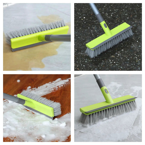 2 In 1 Floor Scrub Brush With Stiff Bristles And Integrated Squeegee, Long 57 Inch Handle For Deep Cleaning Concrete and Tile