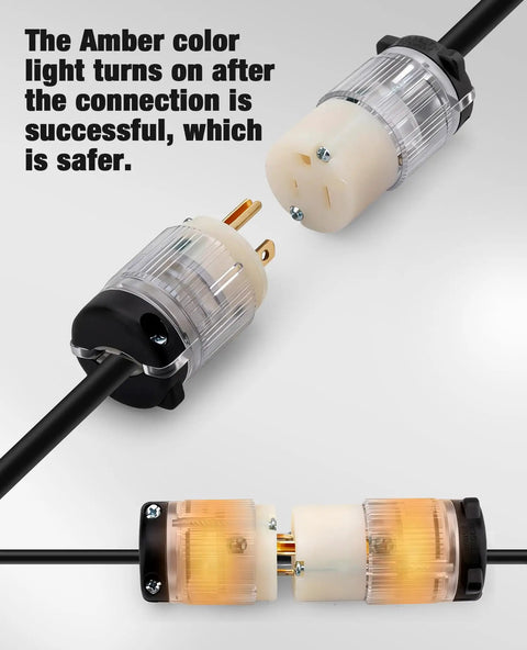 Lighted NEMA 5-15P To 5-15R Extension Cord Ends With Power Indicator showing active amber light