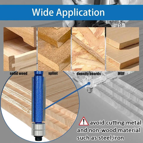 Killer 4Piece Flush Trim Router Bits Set Featuring Rock Solid Carbide Cutters And Dual Ball Bearing Guides for wood and MDF cutting.