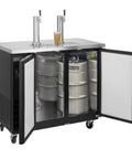 Badass Black Draft Beer Dispenser With Dual Insulated Taps And Heavy Duty Stainless Steel Top showcasing two kegs and glass of beer.