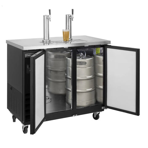 Badass Black Draft Beer Dispenser With Dual Insulated Taps And Heavy Duty Stainless Steel Top showcasing two kegs and glass of beer.