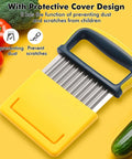Front view of crinkle cutter with yellow protective cover and blue handle; stainless steel blades.