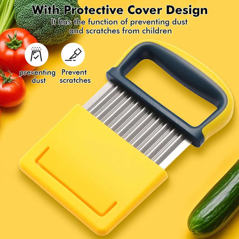 Front view of crinkle cutter with yellow protective cover and blue handle; stainless steel blades.