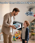 Father and son with Black Hawk Style RC Helicopter With 2 Batteries And 26 Minute Flight Time, toy flying in living room