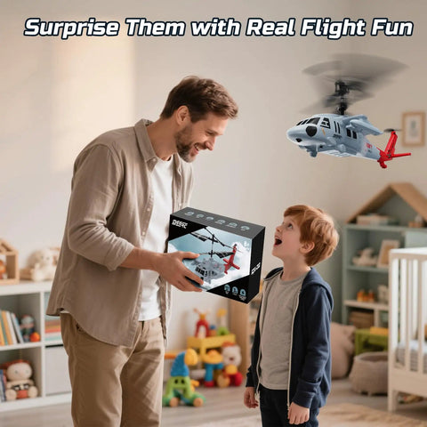 Father and son with Black Hawk Style RC Helicopter With 2 Batteries And 26 Minute Flight Time, toy flying in living room