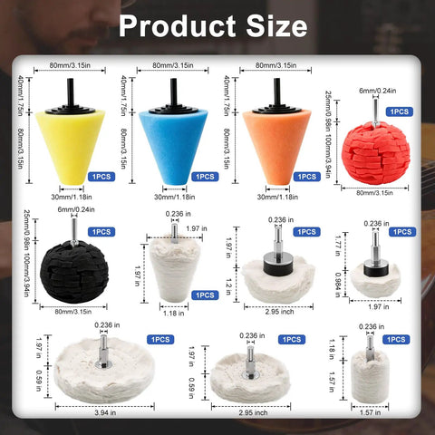 Get That Fresh Look With 16 Piece Aluminum Polishing Kit For Drills And Buffing Wheels showing product size details and foam pads.