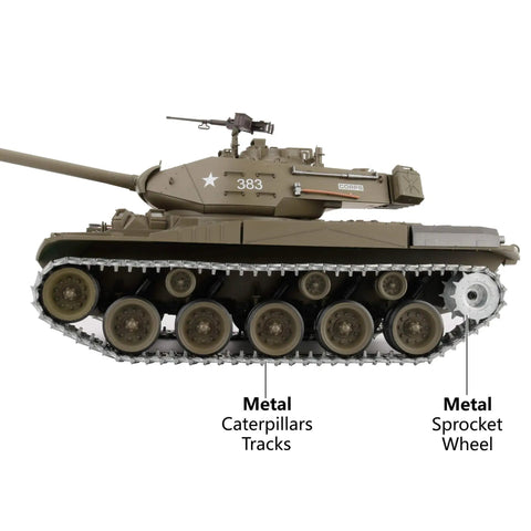 Side view of One Sixteenth Scale US M41A3 Walker Bulldog RC Tank With 2.4GHz Radio Control, metal tracks and sprocket wheel visible.