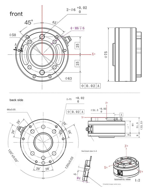 Technical diagram of a Six Axis Industrial Force Sensor for torque measurement, detailing dimensions and mounting for robotic use.