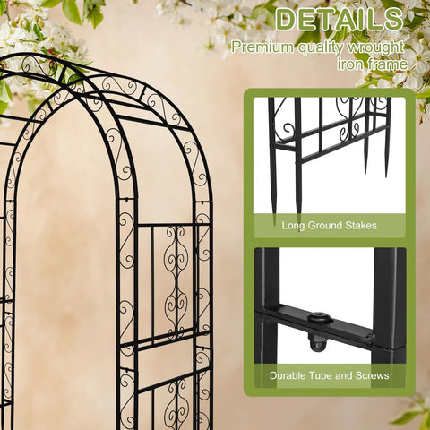 7Ft Heavy Duty Metal Garden Arch Arbor For Weddings And Outdoor Decor Rugged Black Arbor Archway With Ground Stakes