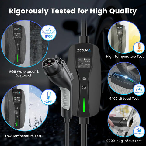 Plug And Play Level 1 And 2 Ev Charger With Adjustable 16 Amp Current And J1772 Connector For Bevs And Phves displaying IP66 rating tests and functionality.