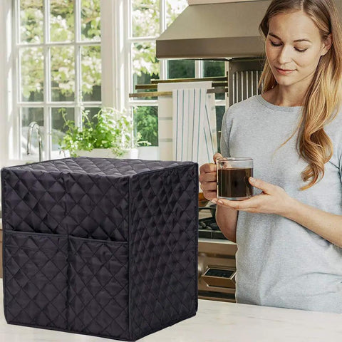Black Waterproof Coffee Maker Cover for Keurig Single Serve Brewers on kitchen counter, quilted material, near woman