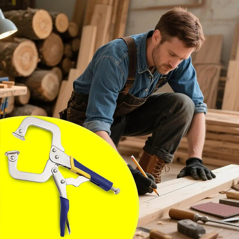 Four Pack 6.6 Inch Metal Face Clamps With Swivel Pad Heavy Duty And Rubber Handles Adjustable C Clamps in woodshop