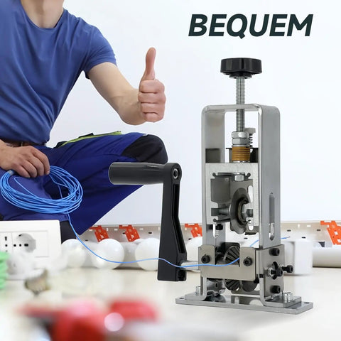Wire Stripper Machine 1 To 25MM For Hand Crank Or Drill Powered Use shown stripping blue wire, with worker giving thumbs up.