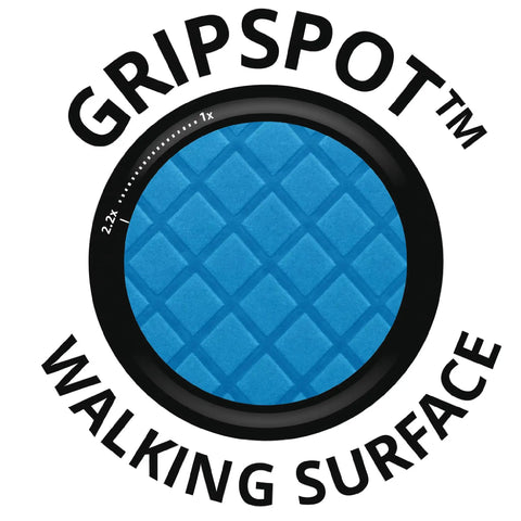 GripSpot™ walking surface logo showcasing diamond-patterned blue grip material designed for enhanced traction.