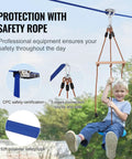 Child using 52 Ft Backyard Zipline Kit For Kids And Adults Up To 330 Lb With Quick Setup Swing Seat Handlebar Nylon Safety Harness