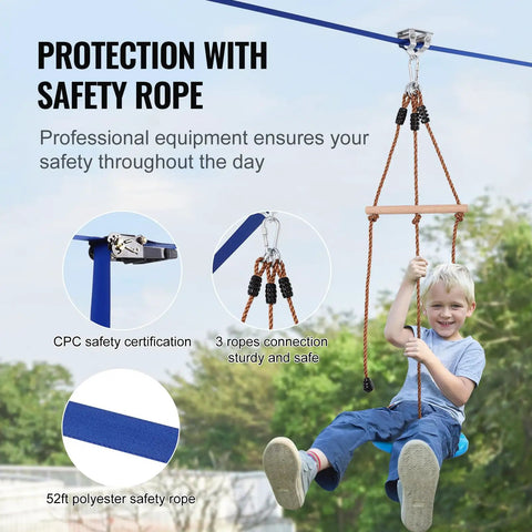 Child using 52 Ft Backyard Zipline Kit For Kids And Adults Up To 330 Lb With Quick Setup Swing Seat Handlebar Nylon Safety Harness