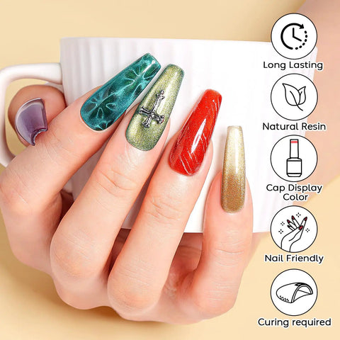 Close-up of hand with vibrant nail designs using Cat Eye Gel Nail Polish Kit 12 Color Soak Off LED UV Gel Nails High Gloss Long Lasting