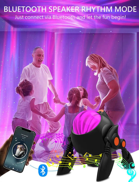 Family enjoying Northern Lights Projector With 28 Aurora Light Effects in living room, showing Bluetooth Speaker and night light