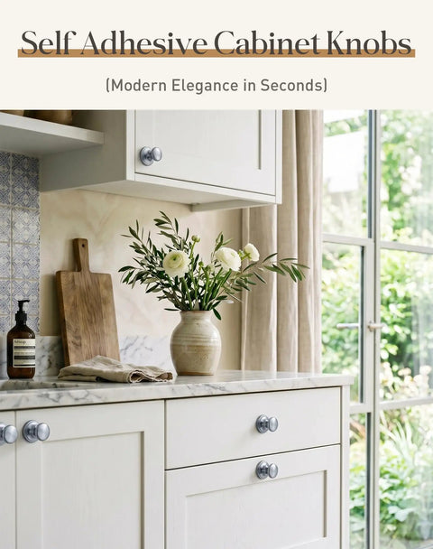 Two Pack Grey Aluminum Drawer Knobs With Peel And Stick Adhesive, No Drilling Needed installed on white kitchen cabinet