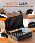 Upgrade Your Kitchen Game With This 1000W Panini Press And Grill showing non-stick plates, oil drip tray, and 180-degree swivel feature.