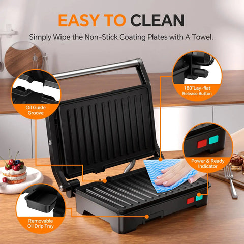 Upgrade Your Kitchen Game With This 1000W Panini Press And Grill showing non-stick plates, oil drip tray, and 180-degree swivel feature.