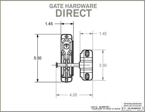 Heavy Duty Black Zinc Diecast Metal Gravity Latch With Key Lock And Keyed Alike Design Fits Vinyl Wood Or Metal Gates technical drawing with dimensions.