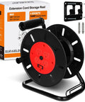 Portable Extension Cord Storage Reel With Hand Crank, 15 Amp Overload Switch, Four Outlets, Holds 100 Ft, Wall Mount Included