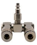 Front view of Two Way Air Manifold 3 Port Industrial Pneumatic Quick Connect Swivel Socket 360 Degree Hose Splitter Line Connector