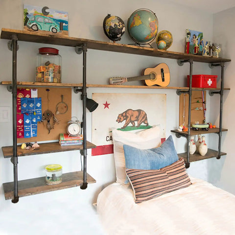 Industrial Pipe Shelving Set Wall Mounted Rustic Floating Iron Shelves For DIY Bookshelf Brackets in home above bed with decor