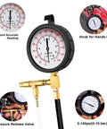Front view of BETOOLL Pro fuel injection pressure tester kit with brass fittings and 0-140 psi gauge.