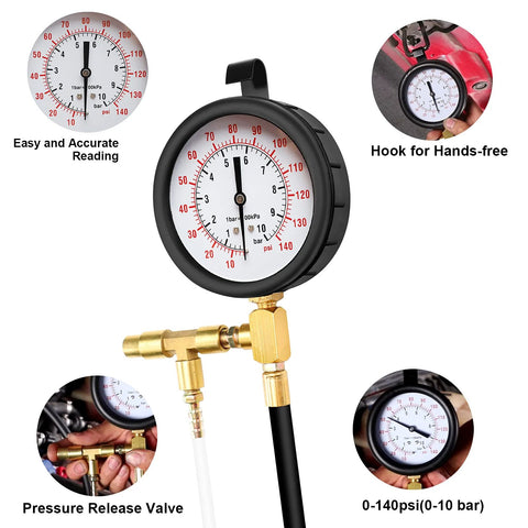 Front view of BETOOLL Pro fuel injection pressure tester kit with brass fittings and 0-140 psi gauge.