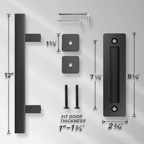 12 Inch Sliding Barn Door Handles And Pulls Hardware Rustic Double Sided Built Tough Heavy Duty Matte Black Powder Coated Finish Easy Install Square Style 2 Pack Set with dimensions